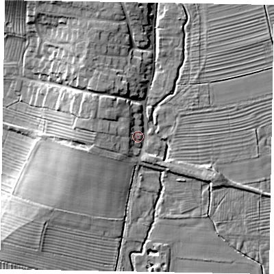 Shaded relief map of the ground around YO187SE, computed from Environment Agency LiDAR. The ground here sits at about 31 m above sea level and falls 13 m across the surrounding 800 m. Surface water reaching this point runs off ground lying to the north-west, 5.4 m higher.