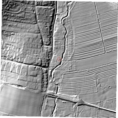 Shaded relief map of the ground around YO187SN, computed from Environment Agency LiDAR. The ground here sits at about 30 m above sea level and falls 24 m across the surrounding 800 m. Surface water reaching this point runs off ground lying to the north-east, 11.4 m higher.