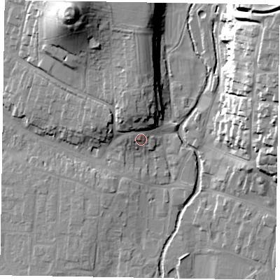 Shaded relief map of the ground around YO188AA, computed from Environment Agency LiDAR. The ground here sits at about 36 m above sea level and falls 31 m across the surrounding 800 m. Surface water reaching this point runs off ground lying to the north-north-west, 7.8 m higher.