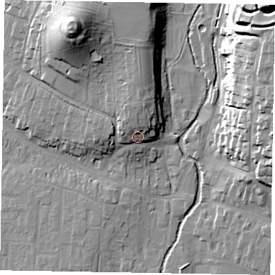 Shaded relief map of the ground around YO188AD, computed from Environment Agency LiDAR. The ground here sits at about 39 m above sea level and falls 39 m across the surrounding 800 m. Surface water reaching this point runs off ground lying to the north-north-west, 7.6 m higher.