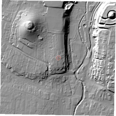 Shaded relief map of the ground around YO188AG, computed from Environment Agency LiDAR. The ground here sits at about 44 m above sea level and falls 39 m across the surrounding 800 m. Surface water reaching this point runs off ground lying to the north, 0.7 m higher.