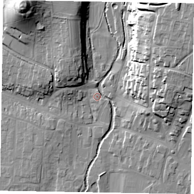Shaded relief map of the ground around YO188BJ, computed from Environment Agency LiDAR. The ground here sits at about 32 m above sea level and falls 31 m across the surrounding 800 m. Surface water reaching this point runs off ground lying to the north-north-west, 15.3 m higher.