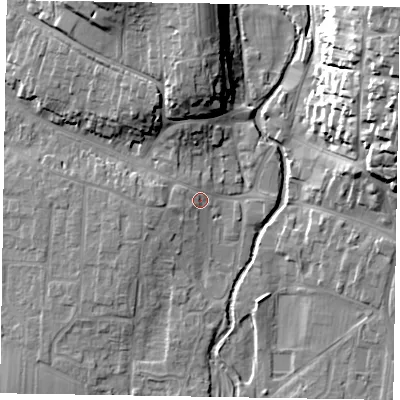 Shaded relief map of the ground around YO188BL, computed from Environment Agency LiDAR. The ground here sits at about 32 m above sea level and falls 28 m across the surrounding 800 m. Surface water reaching this point runs off ground lying to the west, 2.5 m higher.