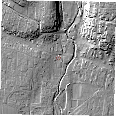 Shaded relief map of the ground around YO188BN, computed from Environment Agency LiDAR. The ground here sits at about 31 m above sea level and falls 28 m across the surrounding 800 m. Surface water reaching this point runs off ground lying to the north-north-west, 5.8 m higher.