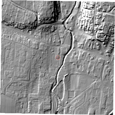 Shaded relief map of the ground around YO188BP, computed from Environment Agency LiDAR. The ground here sits at about 31 m above sea level and falls 28 m across the surrounding 800 m. Surface water reaching this point runs off ground lying to the north-north-west, 5.9 m higher.