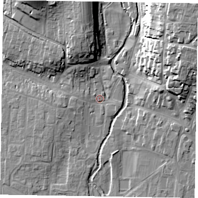 Shaded relief map of the ground around YO188BS, computed from Environment Agency LiDAR. The ground here sits at about 31 m above sea level and falls 29 m across the surrounding 800 m. Surface water reaching this point runs off ground lying to the north-west, 5.9 m higher.