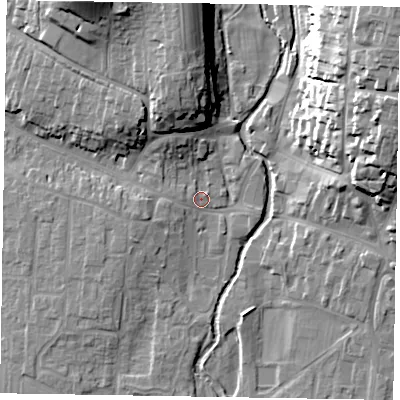 Shaded relief map of the ground around YO188BT, computed from Environment Agency LiDAR. The ground here sits at about 32 m above sea level and falls 28 m across the surrounding 800 m. Surface water reaching this point runs off ground lying to the north-north-west, 5.1 m higher.