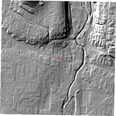 Shaded relief map of the ground around YO188BU, computed from Environment Agency LiDAR. The ground here sits at about 33 m above sea level and falls 28 m across the surrounding 800 m. Surface water reaching this point runs off ground lying to the west-south-west, 2.0 m higher.