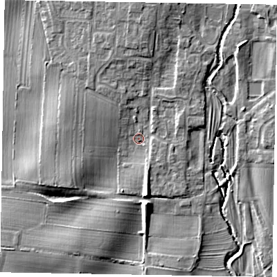 Shaded relief map of the ground around YO188DH, computed from Environment Agency LiDAR. The ground here sits at about 30 m above sea level and falls 7 m across the surrounding 800 m. Surface water reaching this point runs off ground lying to the north, 4.8 m higher.