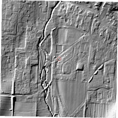 Shaded relief map of the ground around YO188DJ, computed from Environment Agency LiDAR. The ground here sits at about 31 m above sea level and falls 15 m across the surrounding 800 m. Surface water reaching this point runs off ground lying to the north-east, 4.5 m higher.