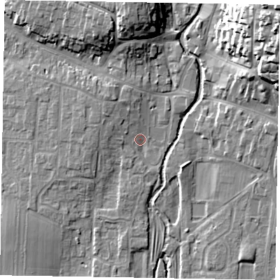 Shaded relief map of the ground around YO188DL, computed from Environment Agency LiDAR. The ground here sits at about 31 m above sea level and falls 26 m across the surrounding 800 m. Surface water reaching this point runs off ground lying to the north-west, 3.6 m higher.