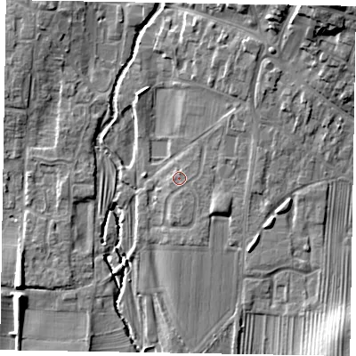 Shaded relief map of the ground around YO188DP, computed from Environment Agency LiDAR. The ground here sits at about 32 m above sea level and falls 15 m across the surrounding 800 m. Surface water reaching this point runs off ground lying to the north, 1.0 m higher.