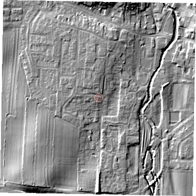 Shaded relief map of the ground around YO188DQ, computed from Environment Agency LiDAR. The ground here sits at about 32 m above sea level and falls 9 m across the surrounding 800 m. Surface water reaching this point runs off ground lying to the north, 2.3 m higher.