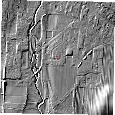 Shaded relief map of the ground around YO188DR, computed from Environment Agency LiDAR. The ground here sits at about 32 m above sea level and falls 11 m across the surrounding 800 m. Surface water reaching this point runs off ground lying to the east-north-east, 2.0 m higher.