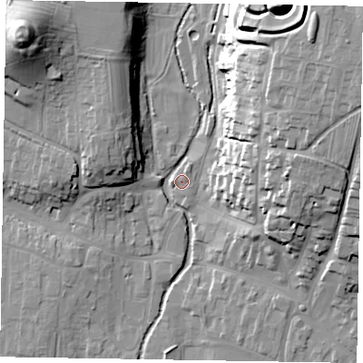 Shaded relief map of the ground around YO188DT, computed from Environment Agency LiDAR. The ground here sits at about 31 m above sea level and falls 39 m across the surrounding 800 m. Surface water reaching this point runs off ground lying to the north-west, 28.8 m higher.
