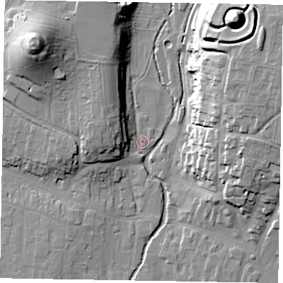 Shaded relief map of the ground around YO188DU, computed from Environment Agency LiDAR. The ground here sits at about 31 m above sea level and falls 39 m across the surrounding 800 m. Surface water reaching this point runs off ground lying to the west-north-west, 12.7 m higher.
