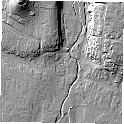 Shaded relief map of the ground around YO188DX, computed from Environment Agency LiDAR. The ground here sits at about 32 m above sea level and falls 30 m across the surrounding 800 m. Surface water reaching this point runs off ground lying to the north-west, 4.4 m higher.