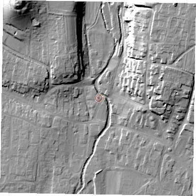 Shaded relief map of the ground around YO188DY, computed from Environment Agency LiDAR. The ground here sits at about 32 m above sea level and falls 31 m across the surrounding 800 m. Surface water reaching this point runs off ground lying to the north-north-west, 15.4 m higher.