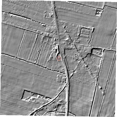 Shaded relief map of the ground around YO188EA, computed from Environment Agency LiDAR. The ground here sits at about 23 m above sea level and falls 5 m across the surrounding 800 m. Surface water reaching this point runs off ground lying to the north, 2.4 m higher.