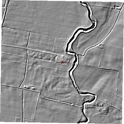 Shaded relief map of the ground around YO188ED, computed from Environment Agency LiDAR. The ground here sits at about 23 m above sea level and falls 4 m across the surrounding 800 m. Surface water reaching this point runs off ground lying to the north-north-east, 2.3 m higher.