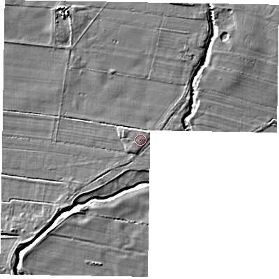 Shaded relief map of the ground around YO188EE, computed from Environment Agency LiDAR. The ground here sits at about 26 m above sea level and falls 5 m across the surrounding 800 m. Surface water reaching this point runs off ground lying to the north-east, 0.8 m higher.