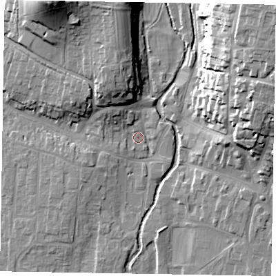 Shaded relief map of the ground around YO188EL, computed from Environment Agency LiDAR. The ground here sits at about 32 m above sea level and falls 30 m across the surrounding 800 m. Surface water reaching this point runs off ground lying to the north-west, 5.1 m higher.