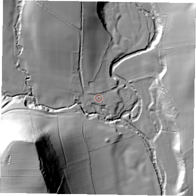 Shaded relief map of the ground around YO188ER, computed from Environment Agency LiDAR. The ground here sits at about 70 m above sea level and falls 75 m across the surrounding 800 m. Surface water reaching this point runs off ground lying to the north-north-west, 1.5 m higher.