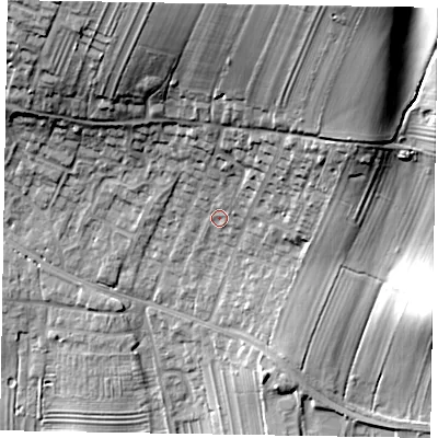 Shaded relief map of the ground around YO188JB, computed from Environment Agency LiDAR. The ground here sits at about 35 m above sea level and falls 33 m across the surrounding 800 m. Surface water reaching this point runs off ground lying to the north-north-east, 24.3 m higher.