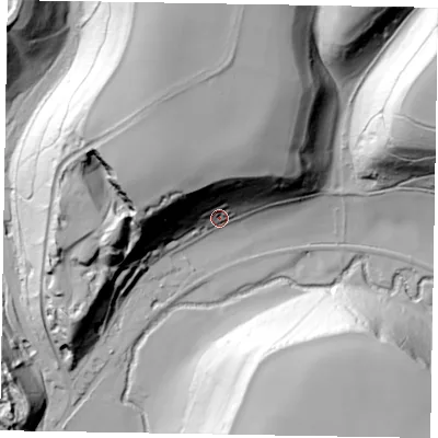 Shaded relief map of the ground around YO188JZ, computed from Environment Agency LiDAR. The ground here sits at about 43 m above sea level and falls 52 m across the surrounding 800 m. Surface water reaching this point runs off ground lying to the north-west, 44.6 m higher.