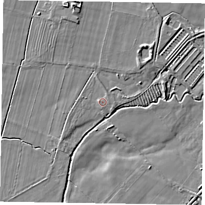 Shaded relief map of the ground around YO188LP, computed from Environment Agency LiDAR. The ground here sits at about 25 m above sea level and falls 8 m across the surrounding 800 m. Surface water reaching this point runs off ground lying to the north, 1.0 m higher.