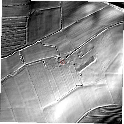 Shaded relief map of the ground around YO188LT, computed from Environment Agency LiDAR. The ground here sits at about 44 m above sea level and falls 36 m across the surrounding 800 m. Surface water reaching this point runs off ground lying to the south-south-east, 27.8 m higher.