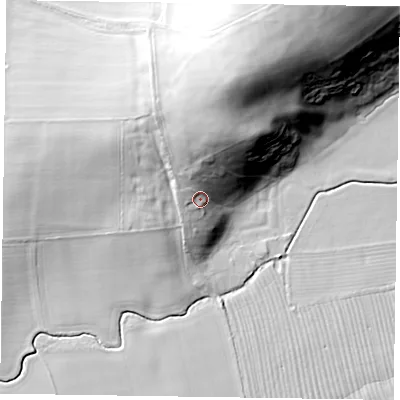 Shaded relief map of the ground around YO188LU, computed from Environment Agency LiDAR. The ground here sits at about 37 m above sea level and falls 40 m across the surrounding 800 m. Surface water reaching this point runs off ground lying to the north-north-west, 13.5 m higher.