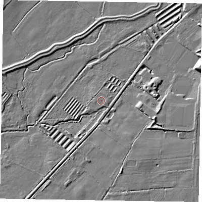 Shaded relief map of the ground around YO188LX, computed from Environment Agency LiDAR. The ground here sits at about 26 m above sea level and falls 9 m across the surrounding 800 m. The ground contributing surface water to this point lies to the south-east.