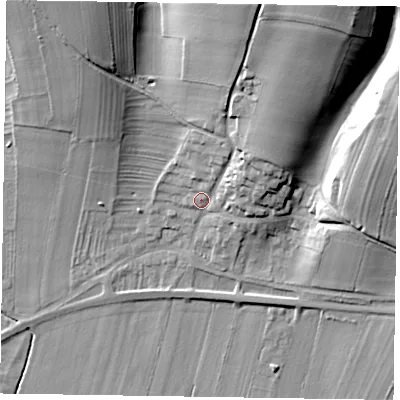 Shaded relief map of the ground around YO188PG, computed from Environment Agency LiDAR. The ground here sits at about 46 m above sea level and falls 44 m across the surrounding 800 m. Surface water reaching this point runs off ground lying to the north-east, 19.5 m higher.