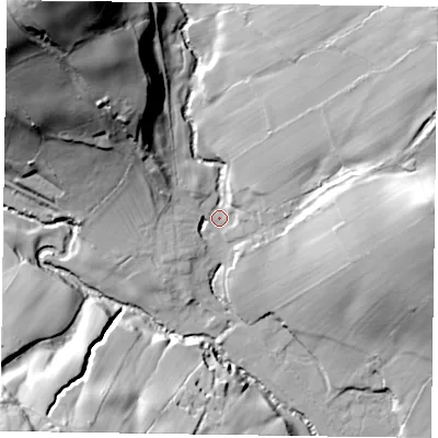 Shaded relief map of the ground around YO188RA, computed from Environment Agency LiDAR. The ground here sits at about 136 m above sea level and falls 73 m across the surrounding 800 m. Surface water reaching this point runs off ground lying to the north-west, 66.4 m higher.