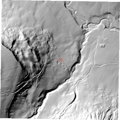 Shaded relief map of the ground around YO188SG, computed from Environment Agency LiDAR. The ground here sits at about 184 m above sea level and falls 138 m across the surrounding 800 m. Surface water reaching this point runs off ground lying to the west, 103.8 m higher.