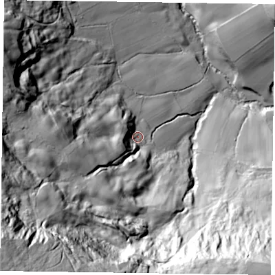 Shaded relief map of the ground around YO188SQ, computed from Environment Agency LiDAR. The ground here sits at about 196 m above sea level and falls 179 m across the surrounding 800 m. Surface water reaching this point runs off ground lying to the south-west, 35.4 m higher.