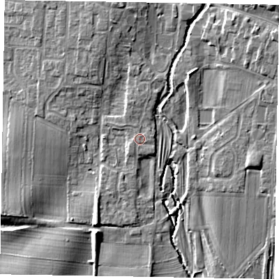 Shaded relief map of the ground around YO188TA, computed from Environment Agency LiDAR. The ground here sits at about 32 m above sea level and falls 9 m across the surrounding 800 m. Surface water reaching this point runs off ground lying to the north, 0.6 m higher.