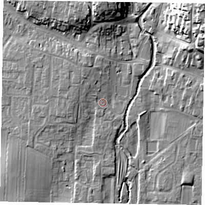 Shaded relief map of the ground around YO188TB, computed from Environment Agency LiDAR. The ground here sits at about 31 m above sea level and falls 24 m across the surrounding 800 m. Surface water reaching this point runs off ground lying to the north-west, 2.9 m higher.