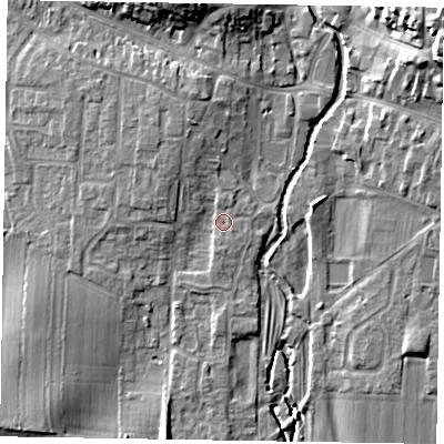 Shaded relief map of the ground around YO188TE, computed from Environment Agency LiDAR. The ground here sits at about 31 m above sea level and falls 20 m across the surrounding 800 m. Surface water reaching this point runs off ground lying to the north-west, 3.1 m higher.