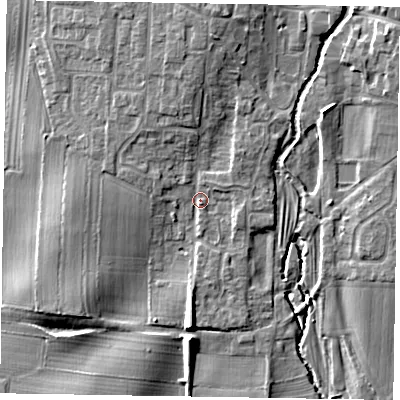Shaded relief map of the ground around YO188TH, computed from Environment Agency LiDAR. The ground here sits at about 31 m above sea level and falls 7 m across the surrounding 800 m. Surface water reaching this point runs off ground lying to the north, 3.7 m higher.