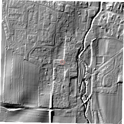 Shaded relief map of the ground around YO188TQ, computed from Environment Agency LiDAR. The ground here sits at about 31 m above sea level and falls 10 m across the surrounding 800 m. The ground contributing surface water to this point lies to the south-south-west.
