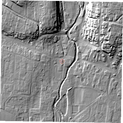 Shaded relief map of the ground around YO188TS, computed from Environment Agency LiDAR. The ground here sits at about 31 m above sea level and falls 28 m across the surrounding 800 m. Surface water reaching this point runs off ground lying to the north-north-west, 5.9 m higher.