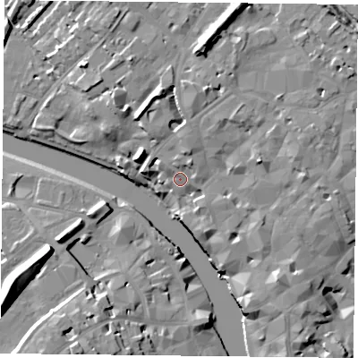 Shaded relief map of the ground around YO18AU, computed from Environment Agency LiDAR. The ground here sits at about 14 m above sea level and falls 19 m across the surrounding 800 m. Surface water reaching this point runs off ground lying to the north-north-east, 2.7 m higher.