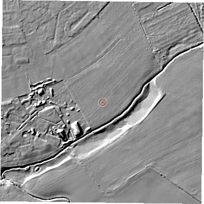 Shaded relief map of the ground around YO194AS, computed from Environment Agency LiDAR. The ground here sits at about 11 m above sea level and falls 9 m across the surrounding 800 m. Surface water reaching this point runs off ground lying to the north, 0.9 m higher.