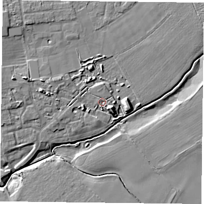 Shaded relief map of the ground around YO194AU, computed from Environment Agency LiDAR. The ground here sits at about 10 m above sea level and falls 11 m across the surrounding 800 m. Surface water reaching this point runs off ground lying to the south-east, 5.5 m higher.