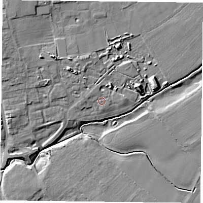 Shaded relief map of the ground around YO194AW, computed from Environment Agency LiDAR. The ground here sits at about 12 m above sea level and falls 11 m across the surrounding 800 m. Surface water reaching this point runs off ground lying to the north-west, 1.1 m higher.