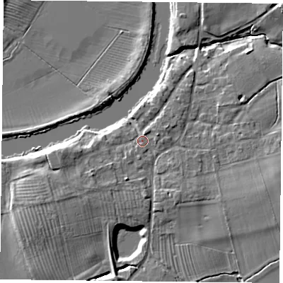Shaded relief map of the ground around YO194PN, computed from Environment Agency LiDAR. The ground here sits at about 9 m above sea level and falls 8 m across the surrounding 800 m. Surface water reaching this point runs off ground lying to the south-west, 2.9 m higher.