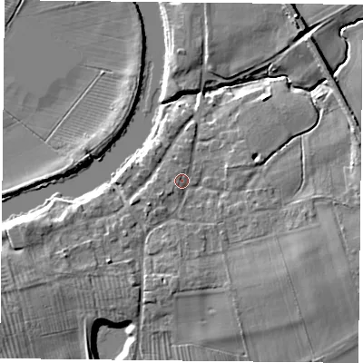 Shaded relief map of the ground around YO194PP, computed from Environment Agency LiDAR. The ground here sits at about 9 m above sea level and falls 9 m across the surrounding 800 m. Surface water reaching this point runs off ground lying to the south-east, 4.4 m higher.