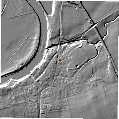 Shaded relief map of the ground around YO194PR, computed from Environment Agency LiDAR. The ground here sits at about 9 m above sea level and falls 9 m across the surrounding 800 m. Surface water reaching this point runs off ground lying to the south-east, 4.4 m higher.